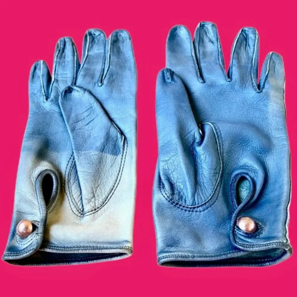 Vintage 70's Blue Leather Gloves Button Womens 7 DAMAGED